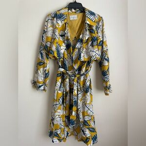 FRNCH Paris Blue Yellow Tropical Trench Coat Jacket Lightweight Tie Front Size S